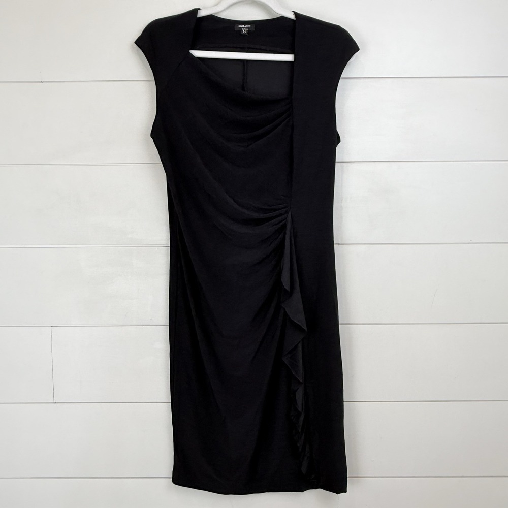 Komarov Black Sleeveless Dress Women Medium Ruffle Asymmetric Draped Neckline